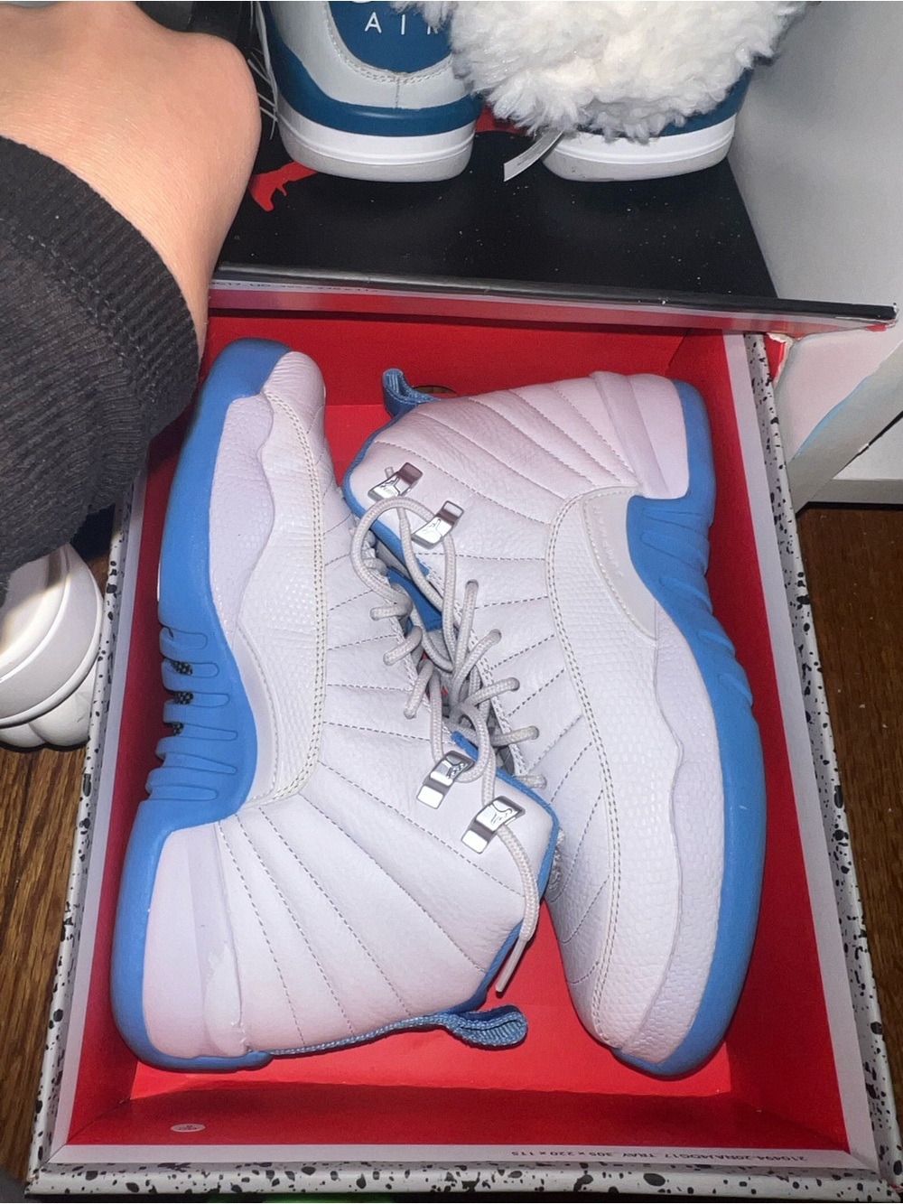 Jordan 12s in White and University Blue